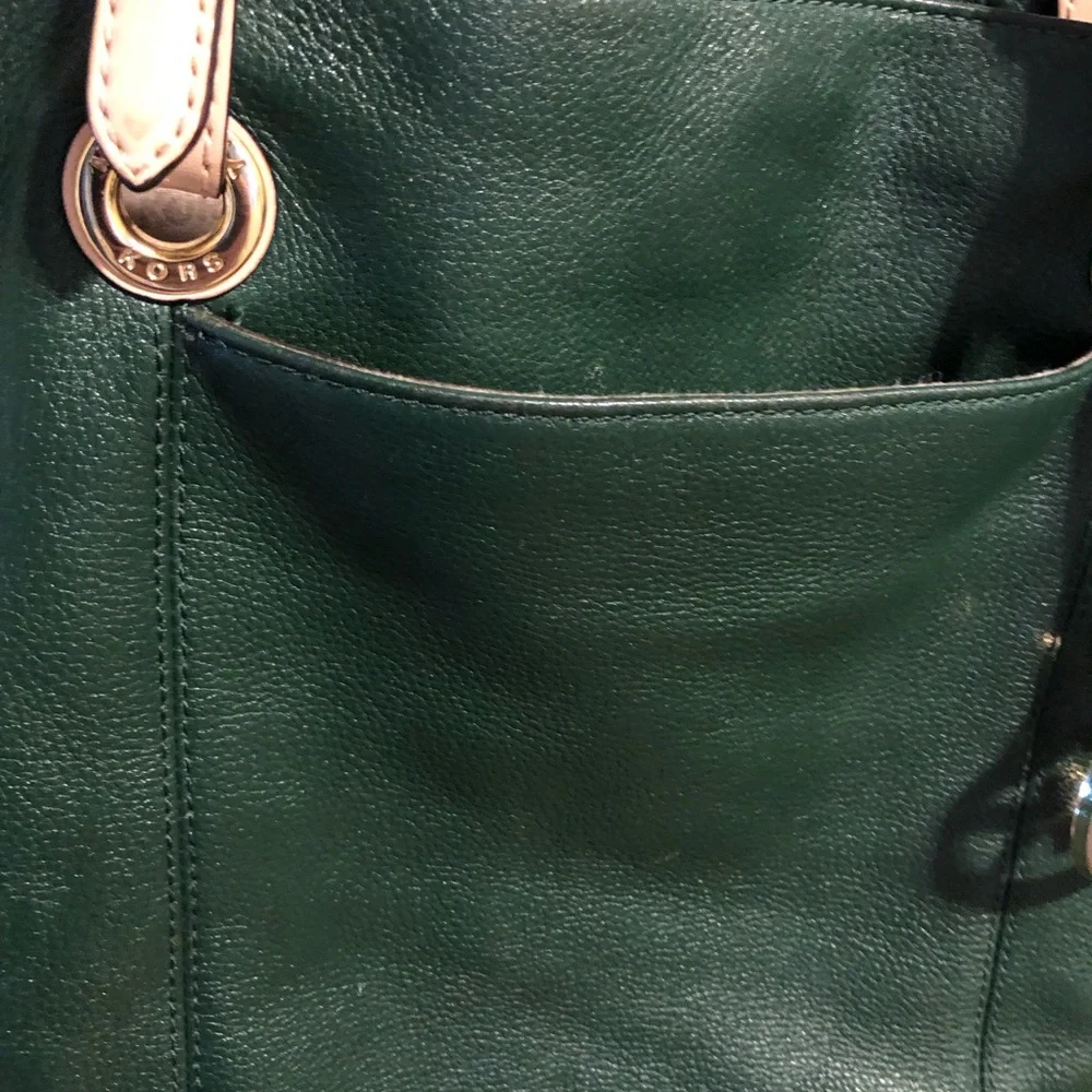 Michael Kors medium Tote dark green with light tan handles. Pre owned. - Picture 8 of 12